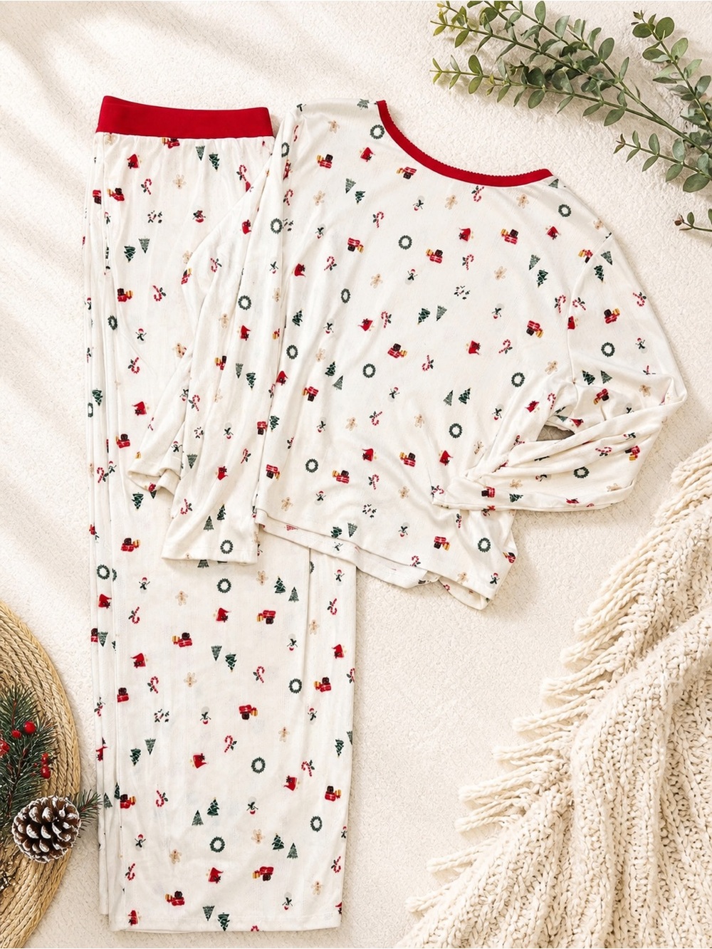 Holiday Time Cream Pajama Set with Red Trim and Green Holiday Motifs